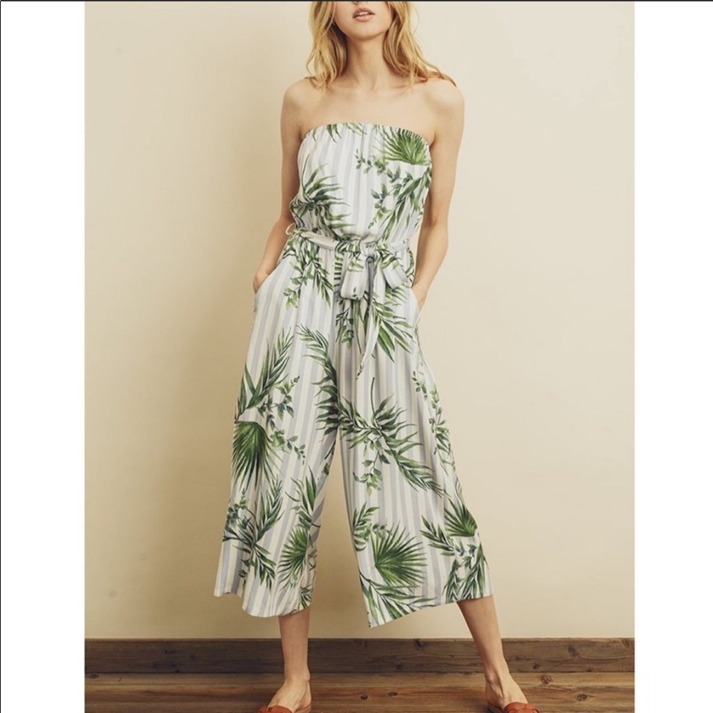 Dress Forum “tube jumpsuit” palm & stripe print